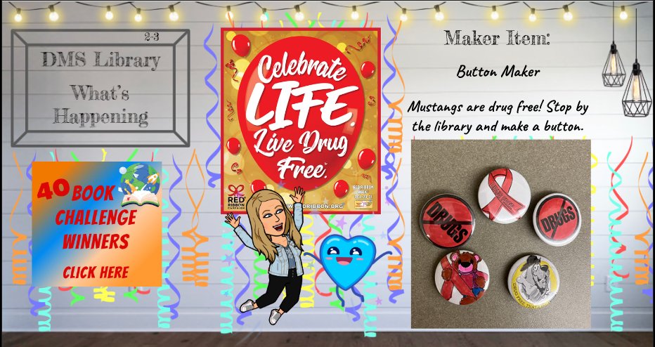 NaiserLib's tweet image. It&apos;s Red Ribbon week and we are making drug free awareness buttons in the library.  #DMSMustangs #DMSLib #HaysLib #RedRibbonWeek
