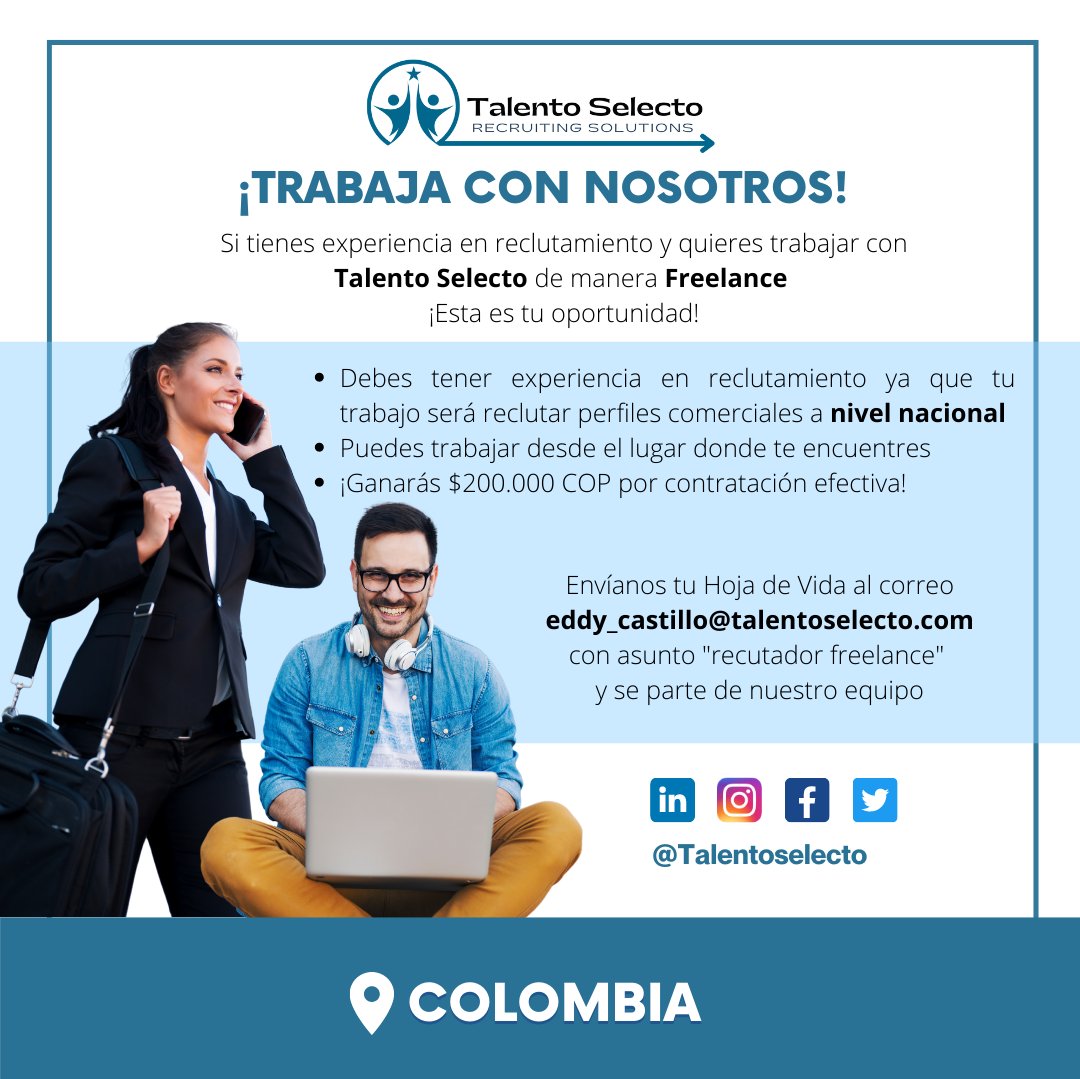 TalentoSelecto's tweet photo. ¡Buscamos personas como tú!
Se parte del equipo Talento Selecto 🤩
Si tienes experiencia en reclutamiento y te gustaría trabajar de manera freelance ¡Postúlate! 🔥
#reclutador #freelance #colombia #trabajosihay #empresa #oportunidad #trabajoencolombia #talentoselecto https://t.co/xDdwlAi51A