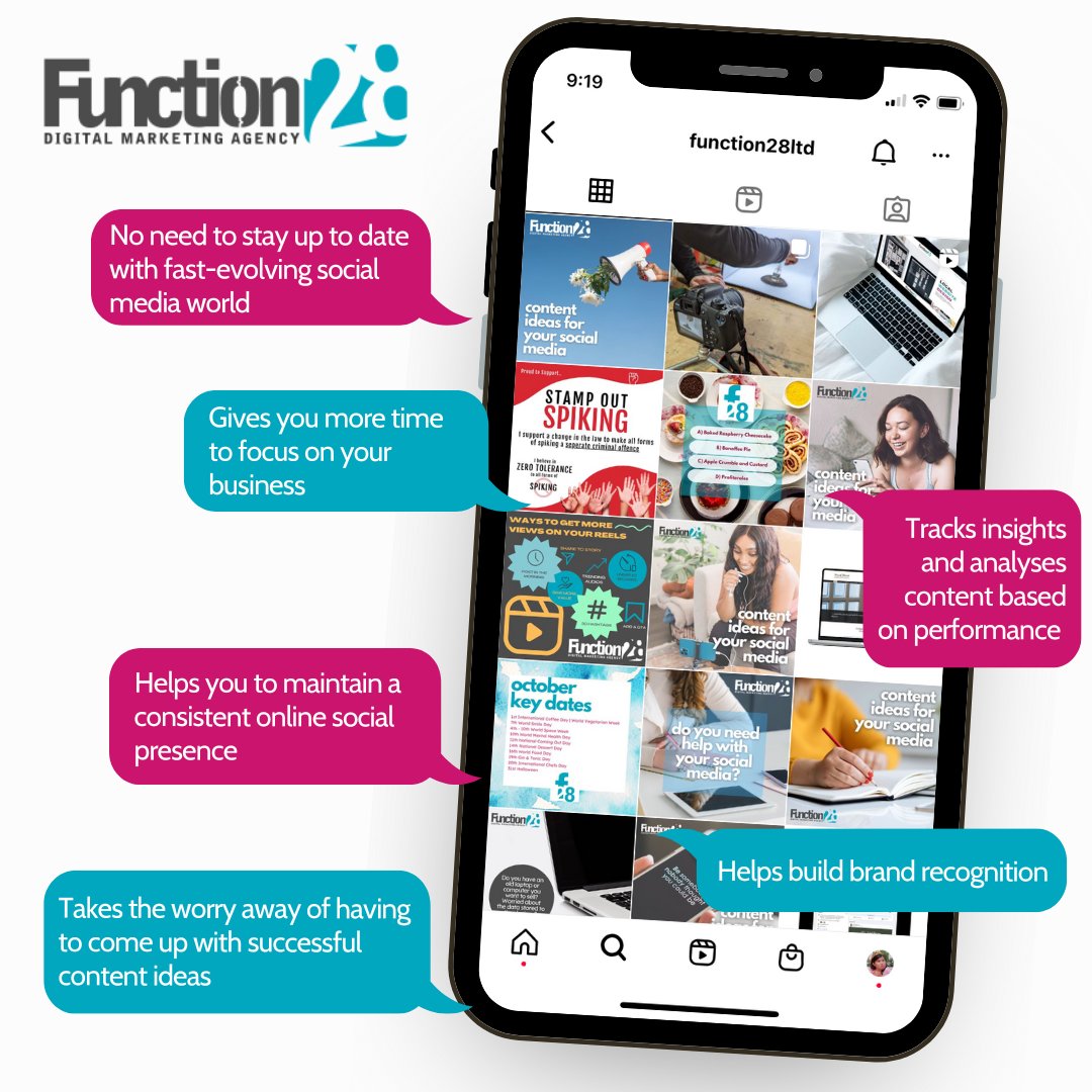 Some of the benefits of having somebody to manage your social media accounts! ⚡

If you want to know more about our social media services email daisy@function28.co.uk

#function28 #cullompton #socialmediahelp #digitalmarketingagency