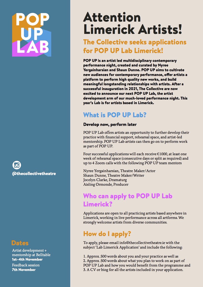 LimeTreeTheatre's tweet photo. The Collective seeks applications for POP UP Lab Limerick, please retweet to spread the word 🐦
#POPUPLab https://t.co/FjFZlH1A53