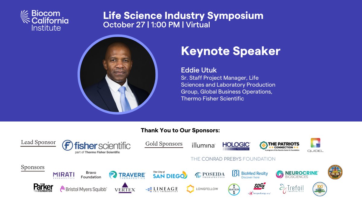 BiocomInstitute's tweet photo. We are thrilled to kick off our 5th Annual Life Science Industry Symposium with keynote speaker, Eddie Utuk from @thermofisher. Eddie will share about his journey transitioning into the #lifescience industry. Do not miss out! #biocom4vets
Register now: https://t.co/k41qWk8PsN https://t.co/B4noPsCm7C