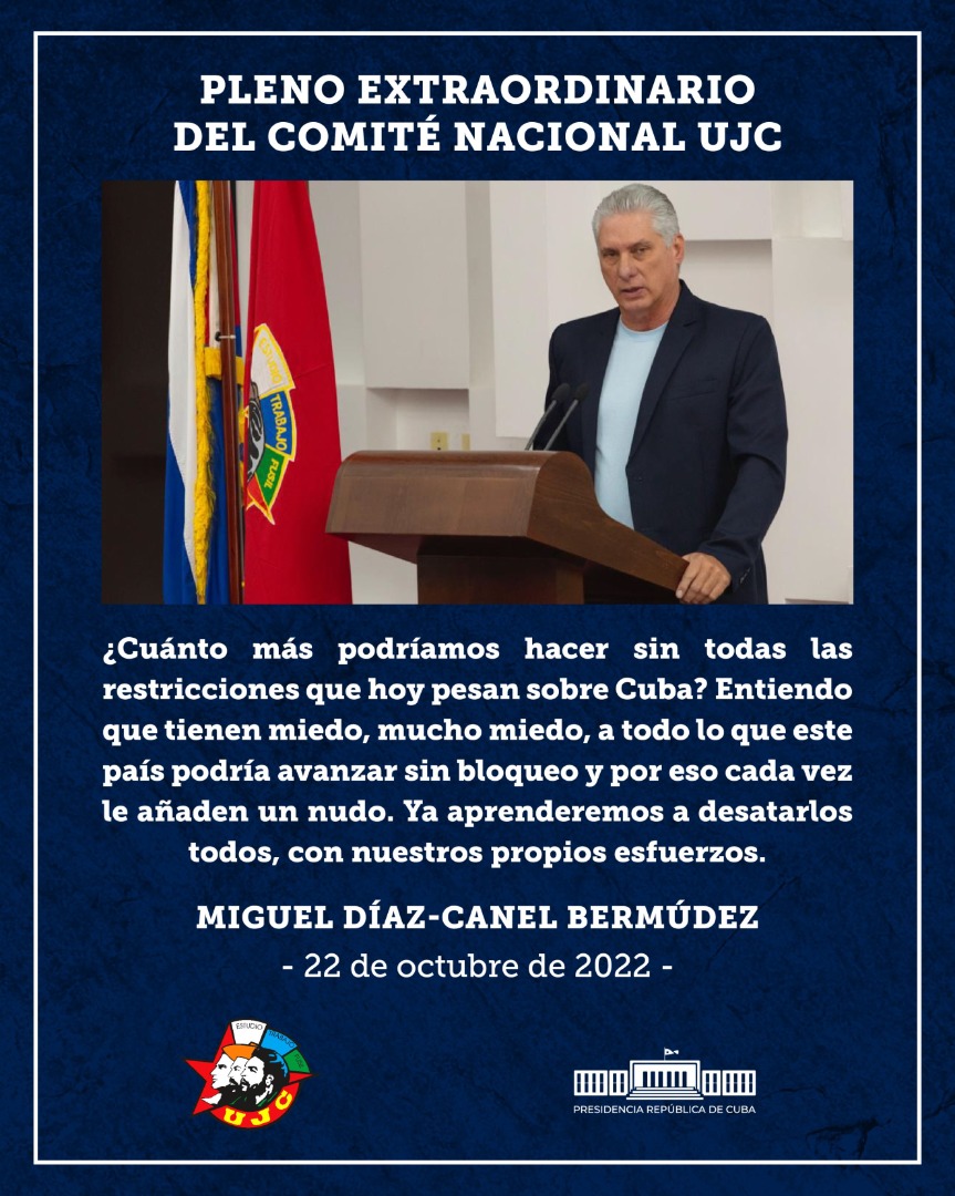 PresidenciaCuba's tweet photo. ¿Cuánto más podríamos hacer sin todas las restricciones que hoy pesan sobre #Cuba? Entiendo que tienen miedo, mucho miedo, a todo lo que este país podría avanzar sin #Bloqueo y por eso cada vez le añaden un nudo. Ya aprenderemos a desatarlos todos, con nuestros propios esfuerzos. https://t.co/pOHUWgHqa1