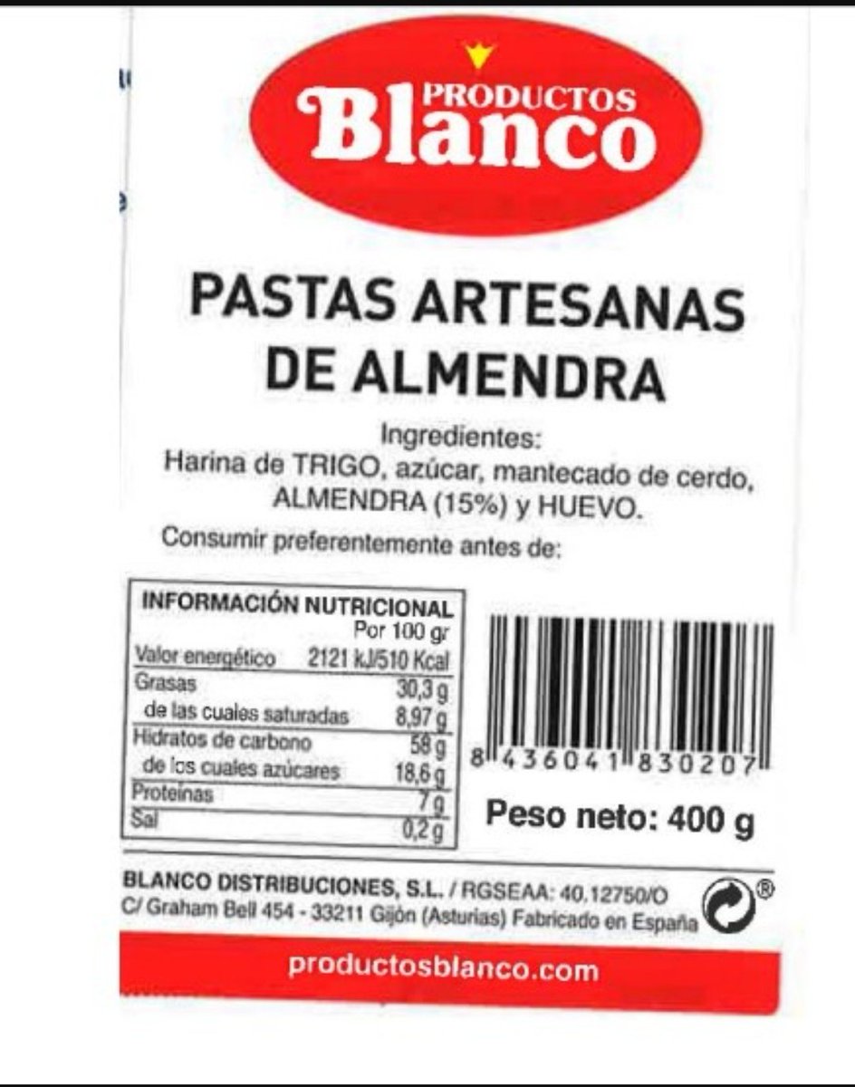 ⚠️ Exclusivamente para personas alérgicas a las proteínas de la leche: Presencia de proteínas de la leche en pastas artesanas de almendra.
▶️ Nombre: PASTAS ARTESANAS DE ALMENDRAS
▶️ Marca: PRODUCTOS BLANCO
▶️ N° Lote: 22123
📌 bit.ly/3gArbCu