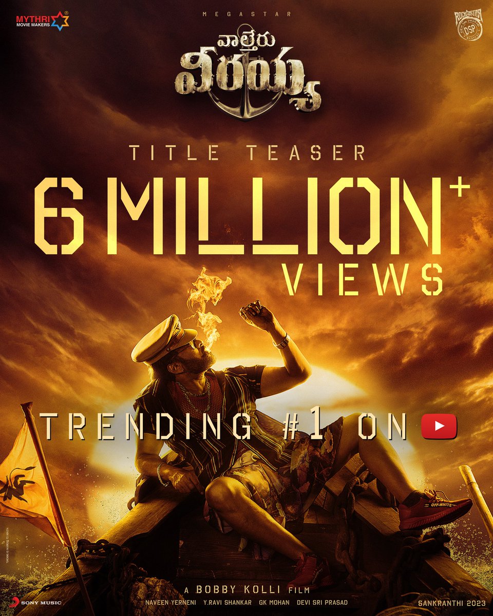 MythriOfficial's tweet photo. A MEGA Blasting Diwali💥

#WaltairVeerayya Title Teaser Trending #1 on Youtube with 6M+ views 🔥
- https://t.co/nPHcMVKcS2

Sankranthi 2023🔥 

Megastar @KChiruTweets Mass Maharaja @RaviTeja_offl @dirbobby @shrutihaasan @CatherineTresa1 @ThisIsDSP @konavenkat99 https://t.co/EP0FCeJYX8