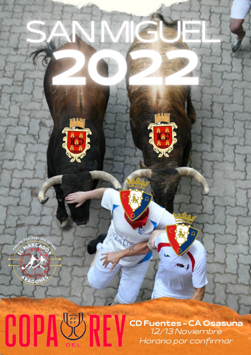 📜SAN MIGUEL 2022

Por primera vez en la historia la ganaderia Fuentina encorrera a los mozos de Osasuna

🧑🏽‍💻DATO:Su historial en Pamplona dejo varios heridos y 0 Amigós

<a href="/CDFuentesOf/">C.D. Fuentes</a> 🆚 <a href="/Osasuna/">C. A. OSASUNA</a> 
📅12-13 Noviembre
🕒Por confirmar
🏟️San Miguel

#ElMarcadorAragones 
#LaCopaDelRey