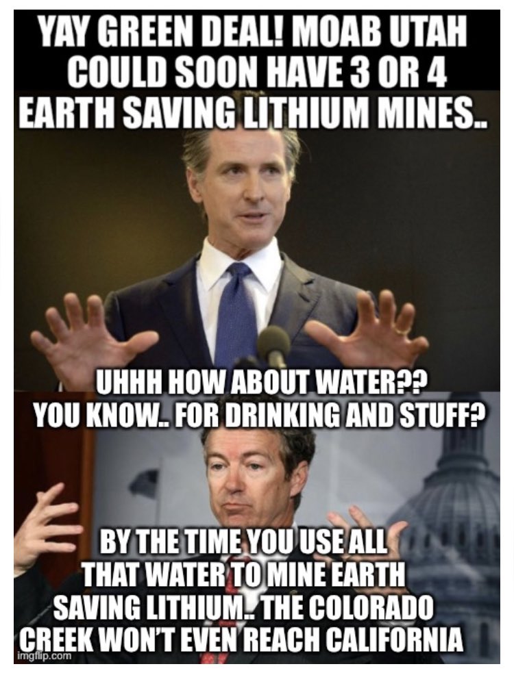 Rojellio_Canamo's tweet photo. #GreenNewDeal , #EarthSavingHeavyMetal, #SaveThackerPass, #SaveMoab Due to Gov. Newsomes Virtue Signaling EV mandate Every Earth Saving Lithium mine Upstream from California is 2 Billion Gallons per Lithium Pond reaching California m. It comes out of Californias share. https://t.co/wtwZtDYpHI