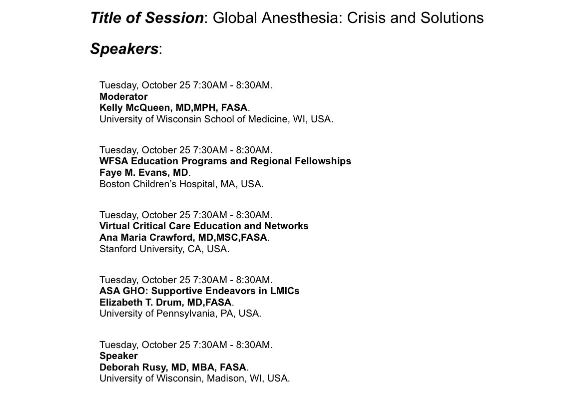 Join us tomorrow for a panel on Global Anesthesia at #ASA22!  Dr Amos Zacharia from Tanzania is joining us in place of Ana Crawford. ⁦@wiscanesthesia⁩ ⁦@safesurgery2020⁩ #globalpatientsafety #globalhealth #globalanesthesia