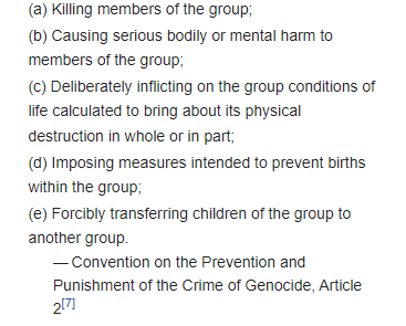 There are 5 indications of genocide in the UN. There IS an ongoing anti-trans genocide in the US.

The treatment of trans people satisfies a (through denial of lifesaving care), b (same), c (bans from critical aspects of public life), and lately, e (texas child abuse enforcement)