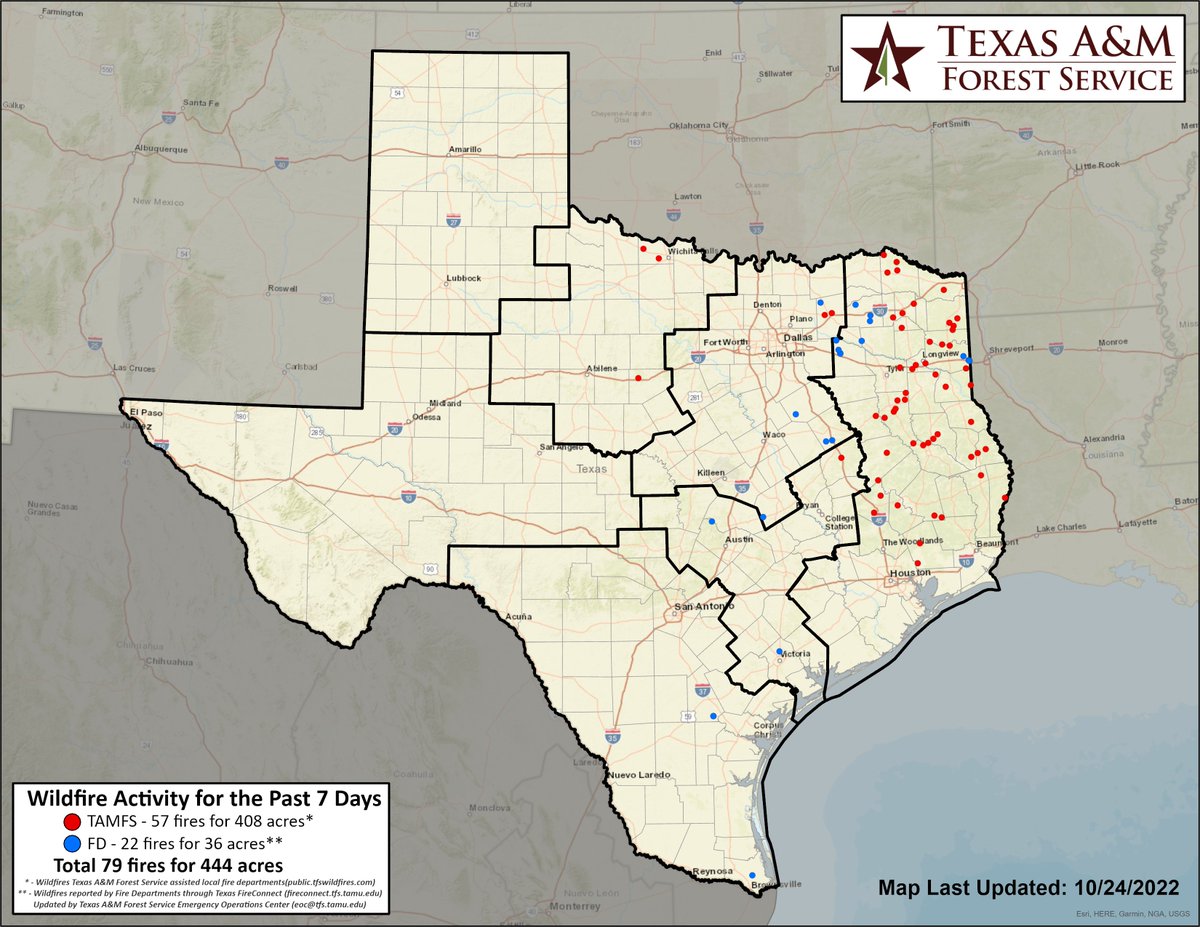 Since Friday, Texas A&M Forest Service has responded to 44 wildfires for 329.6 acres. All but 5 of these wildfires occurred in East Texas where timber litter fuels dried out last week. Rainfall this week will reduce potential for wildfire activity across much of the state.