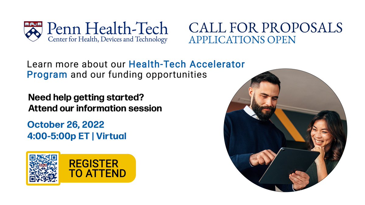 PennHealthTech's tweet photo. You've got questions, we've got answers! Our final Information Session before the Nov 15 application deadline for our Health-Tech Accelerator is WEDNESDAY, 10/26 at 4p EST (virtual). You don't want to miss it. 
Register now https://t.co/3ln2WgRLGP #medtech #healthtech #innovation https://t.co/3fiEhnKPEl