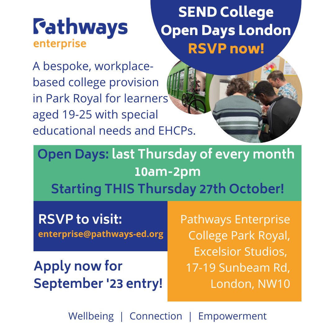 Join us in Park Royal this Thursday 27th October or on the last Thursday of every month 10am-2pm for our #CollegeOpenDay 
Email us to RSVP: enterprise@pathways-ed.org
#SENDCollege #SENDEdu #SEMH