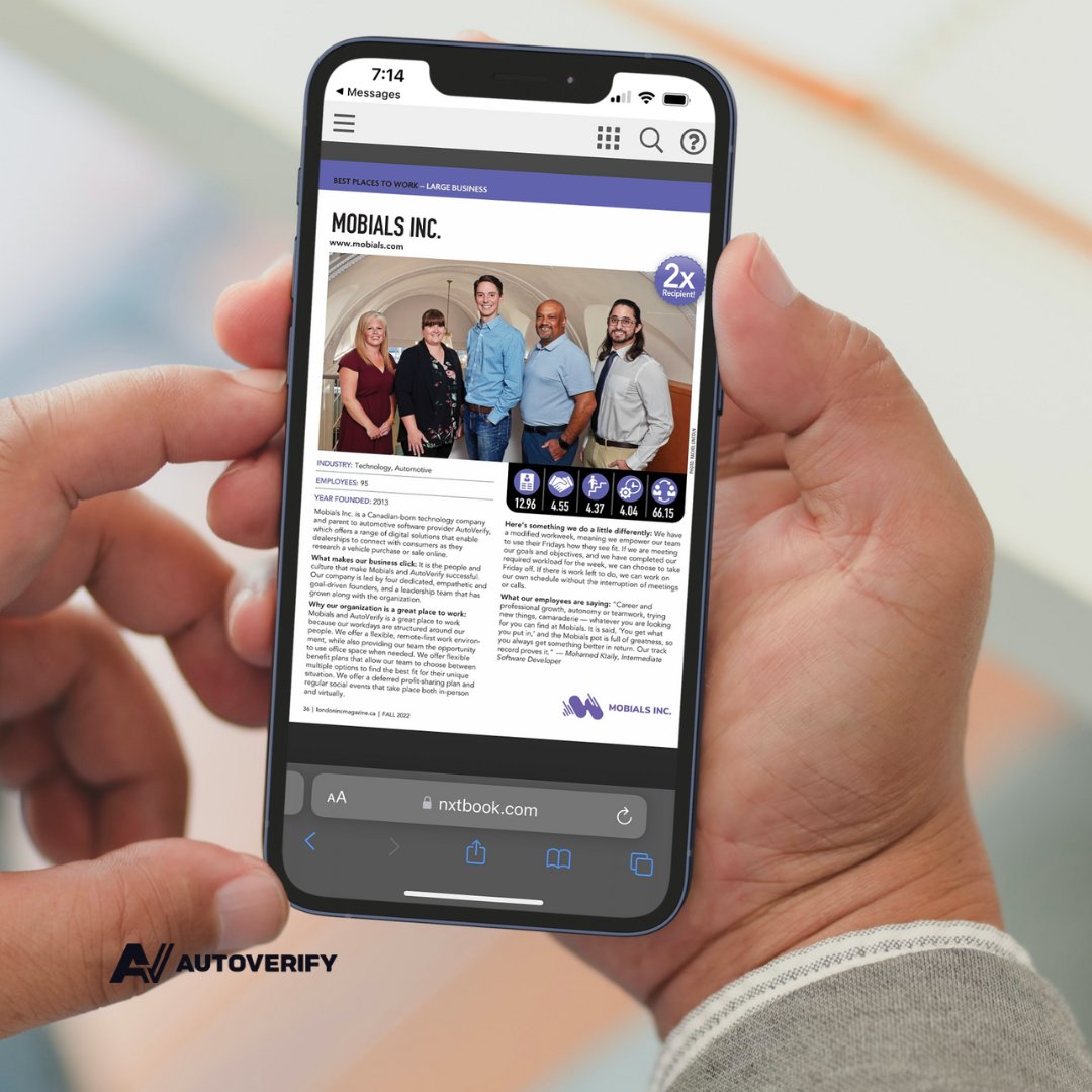 AV_GoDigital's tweet photo. We're thrilled to announce that our parent-company @Mobials has been named one of London's 2022 #BestPlacesToWork yet again! Feeling extra proud to be a part of the Mobials Inc. family here at AutoVerify. 🏆 🙌Check it out on page 36! https://t.co/mpUPgIg7nK
#Mobials #Award https://t.co/ihSUceoTRL