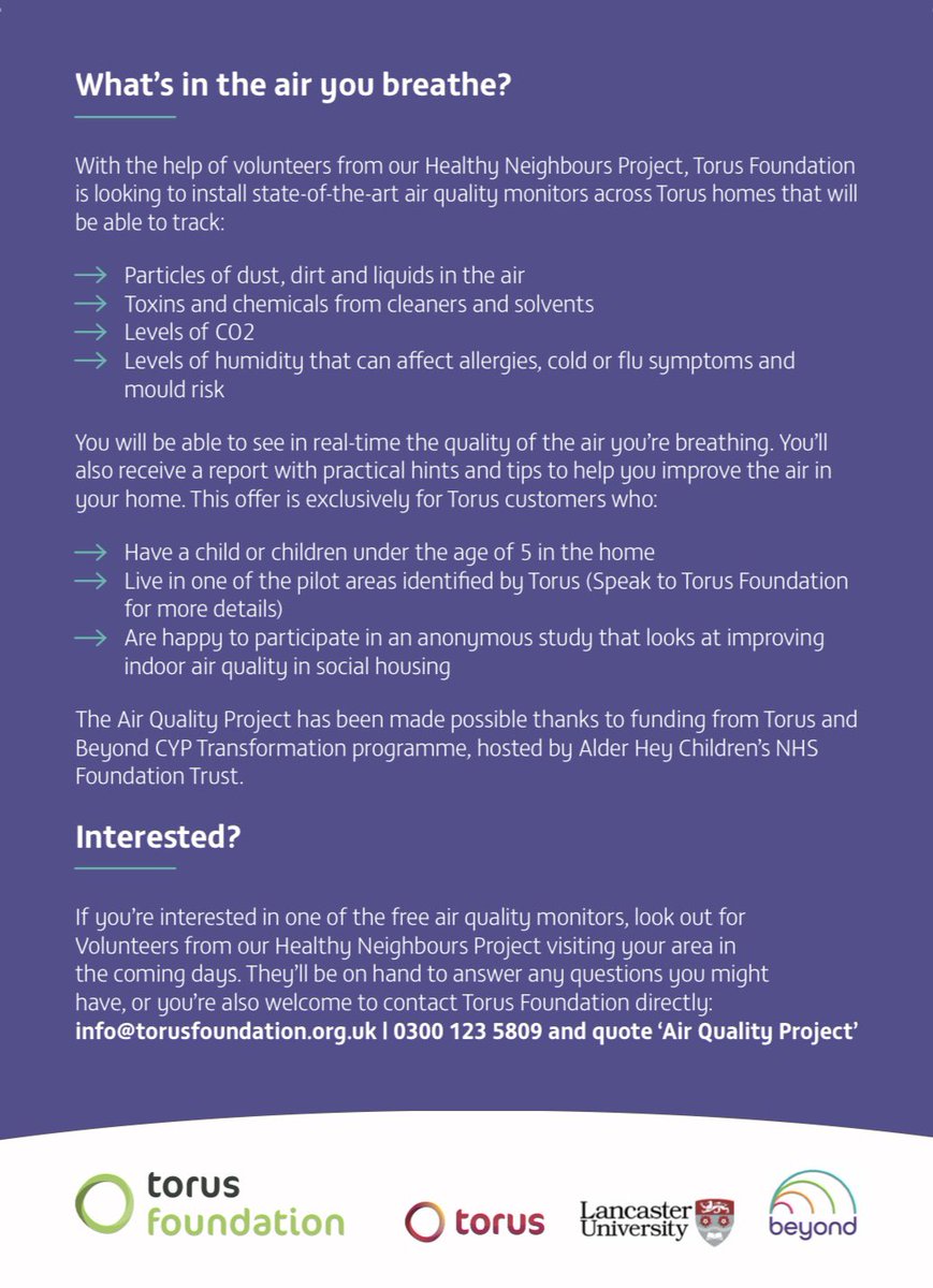 Are you a Torus tenant living in Four Acre, Grasmere/Greenwood or Daneville with a child aged 0-5? We have an exciting offer for you to see the quality of your indoor air! Contact info@torusfoundation.org.uk or call 0300 123 5809 quoting ‘Air Quality’ 🫁 #ICareAboutMyIndoorAir
