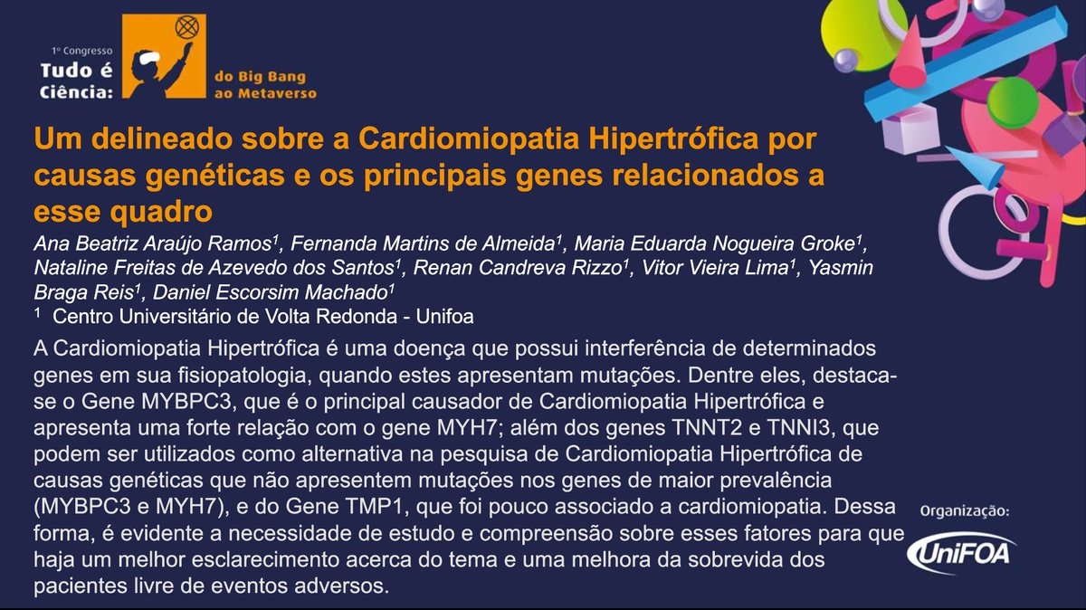 LagebUnifoa's tweet photo. A Cardiomiopatia Hipertrófica é uma doença genética. O principal gene causador dessa doença é o MYBPC3, no entanto, por não ser o único gene causador, outros genes como o MYH7, TNNT2 e TNNT3 podem ser usados como alternativa diagnóstica para a CH.
@tudoeciencia 
#tudoeciencia https://t.co/x0Uwv6naMZ
