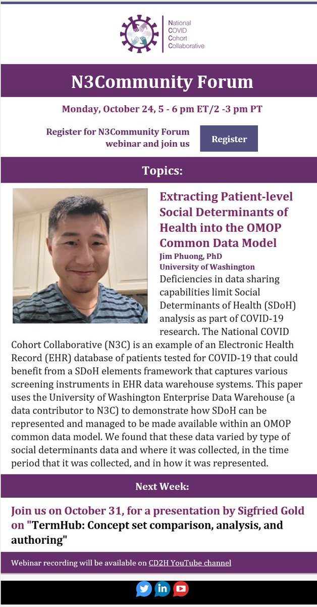 data2health's tweet photo. Join us today, October 24 at 2pm PT/5pm ET for "Extracting #Patient-level Social Determinants of #Health #sdoh into the #OMOP Common #DataModel" with Jim Phuong
@UniversityofWA
#CD2H #N3C #N3CommunityForum
Register at https://t.co/PSmH9pDPfz https://t.co/bwNIL7IxLA