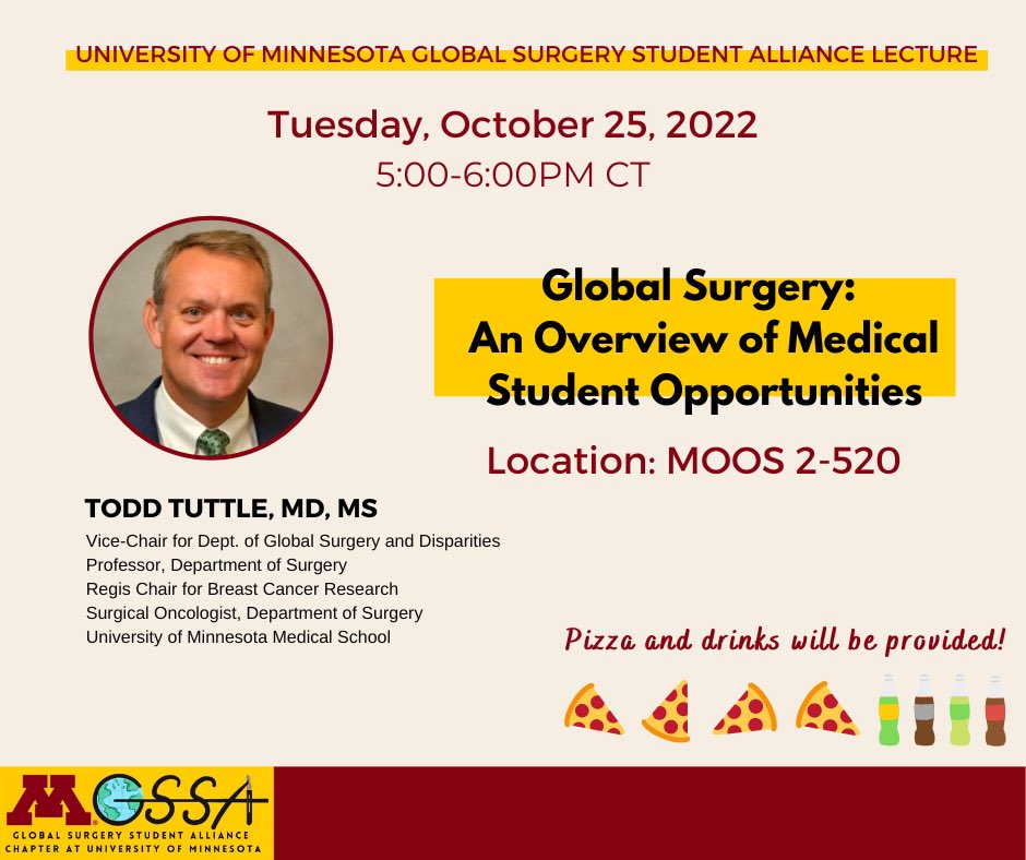 Join us tomorrow for a evening lecture with Dr. Tuttle about opportunities for medical students to get involved with global surgery and global health! @UMNGlobalSurg