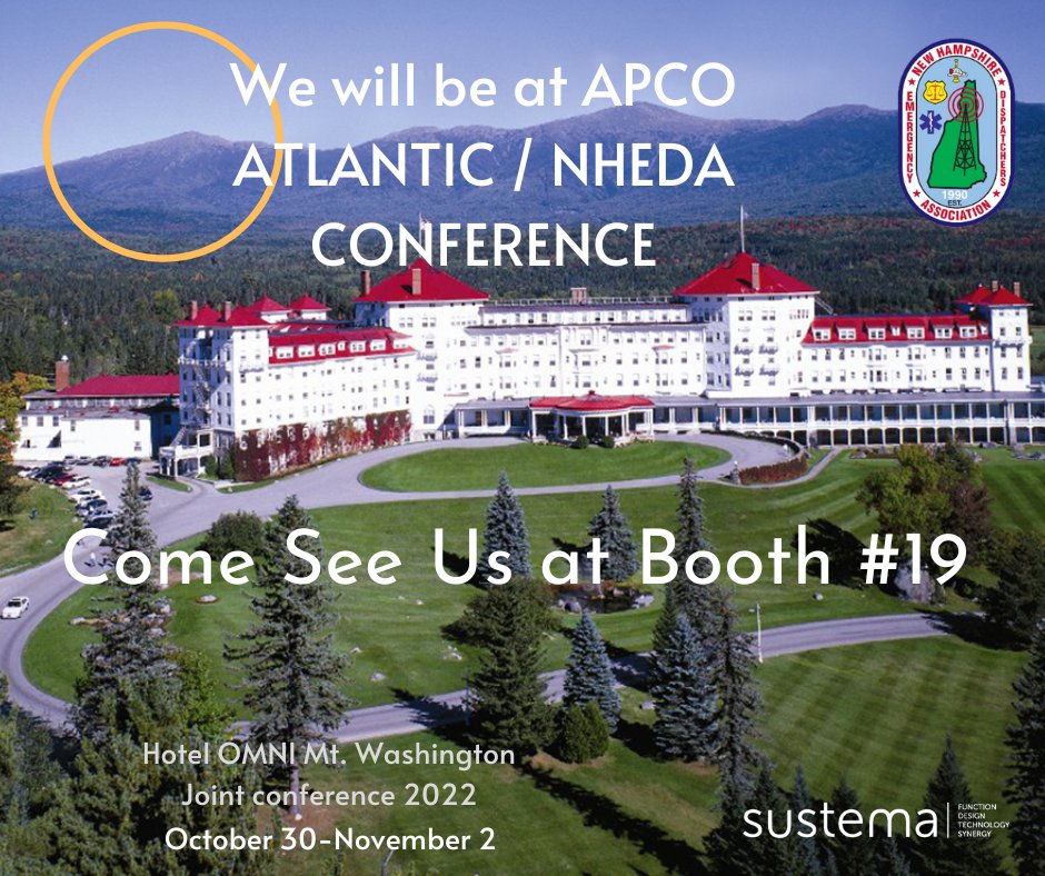 SustemaInc's tweet photo. Very excited to be at APCO Atlantic and New Hampshire Emergency Dispatchers Conference!
See you there on Monday Oct. 31st! @AtlanticChapter
#AtlanticChapter #APCO https://t.co/qsM6ae5bJq