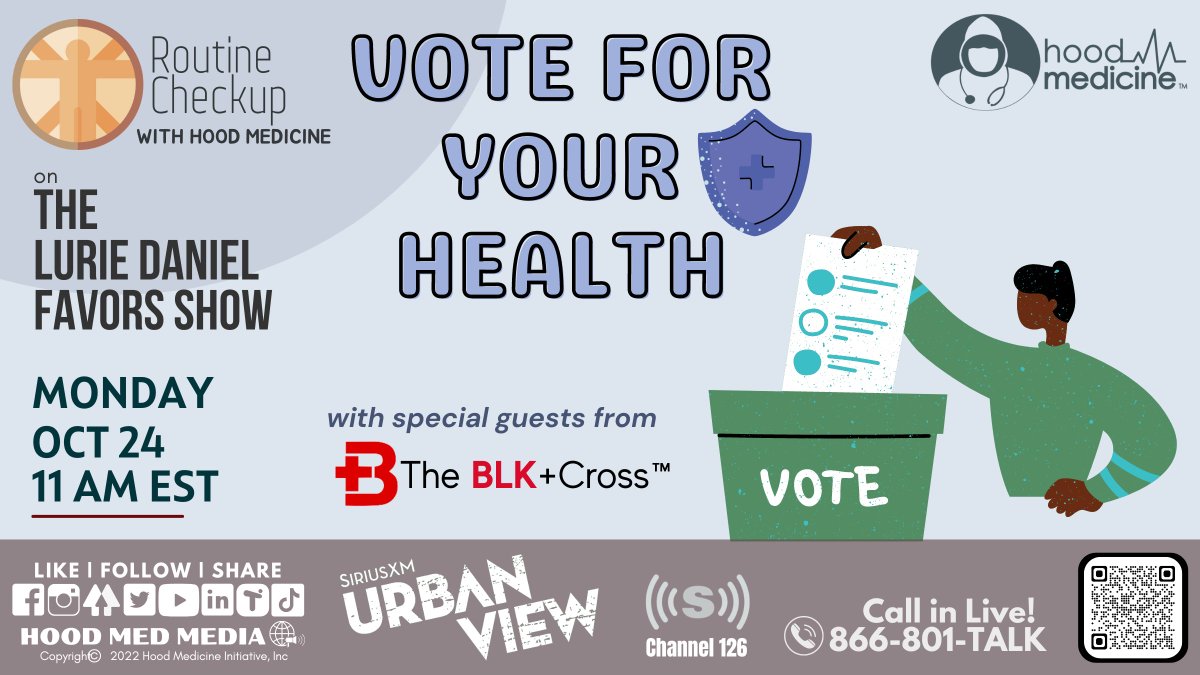hood_medicine's tweet image. We're live now for #RoutineCheckup w/ #HoodMed on #VotingForYourHealth w/ @CommonCauseGA, Dr. Michael Best &amp;amp; Gail Brooks from @AliveAndInColor.

🗓️Mon Oct 24 - 11 am EST
📻The @LurieFavors Show on @SXMUrbanView Channel 126 @SiriusXM
📞866-801-TALK

#RealTalkMadScience
🦍