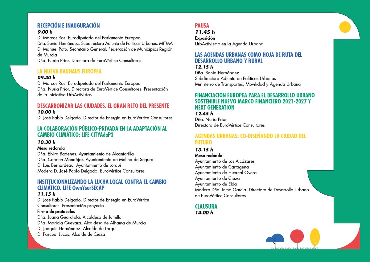 "La descarbonización de las ciudades en el marco de las Agendas Urbanas. Formas de financiación"
🗓️28 OCT en el Parque Científico de Murcia
🔵🔴🟢🟡
Últimas plazas disponibles 👇🏻 bit.ly/3ehyxdg
Os esperamos.
#UrbanOctober #WorldHabitatDay #WorldCitiesDay