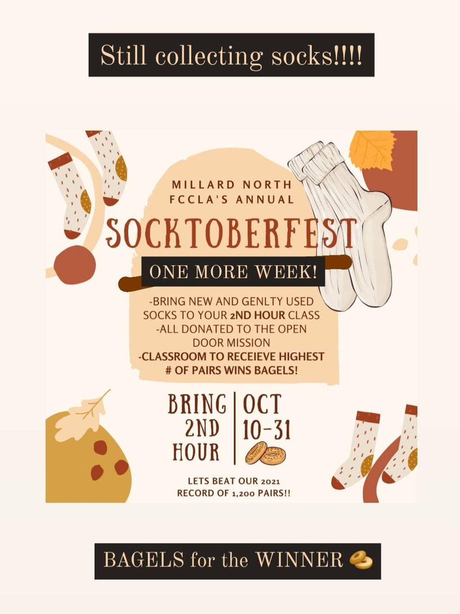 MNHigh_FCCLA's tweet photo. Still another week for sock collection in your 2nd Hour class!! Who will get bagels to enjoy on Nov. 4th?! 🥯🧦🍂 https://t.co/KDWDqpkp1e