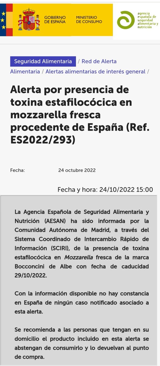 AESAN_gob_es's tweet photo. ⚠️ Alerta por presencia de toxina estafilocócica en mozzarella fresca.
🚫 No consumir 
▶️ Nombre: Mozzarella fresca 
▶️ Marca: Bocconcini de Albe
▶️ N° Lote: 2910
▶️ Peso de unidad: 250 g (peso neto)
📌 https://t.co/GWleMegQGP https://t.co/zYHwibsoxk