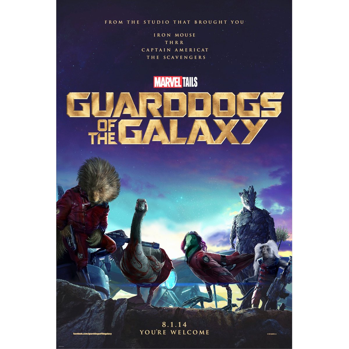 RealMarvelTails's tweet photo. Summer of 2014 brings a new group of heroes to the screen! The Guarddogs of the Galaxy, directed by James Bunn. Starquill, Drakes, Gamoorhen, Bandigroot, and Pocket Baboon! #marveltails #marvel #marvelcomics #animalart #superhero #guardiansofthegalaxy #groot https://t.co/xTHmYqjL4Z
