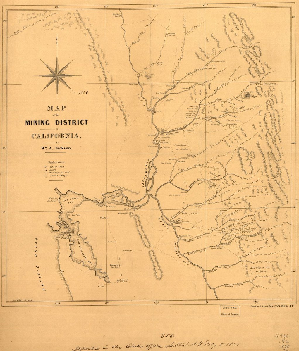 Map of the #Mining District of CA (1850) - one of the most detailed #maps of gold rush-era camps ever created

Fun fact: this map also marks the locations of various Indian Villages which was a pretty uncommon map feature for the time

#california #history