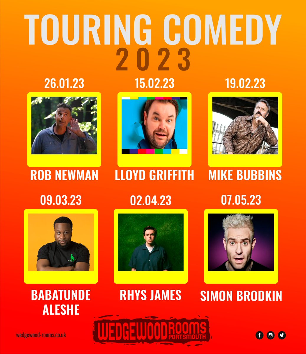 Fill the New Year with lots of laughter with our brilliant touring shows🤣 @mrrobnewman / @LloydGriffith / @MikeBubbins / @BabatundeComedy / @rhysjamesy / @SimonBrodkin 👉 wedgewood-rooms.co.uk 👈