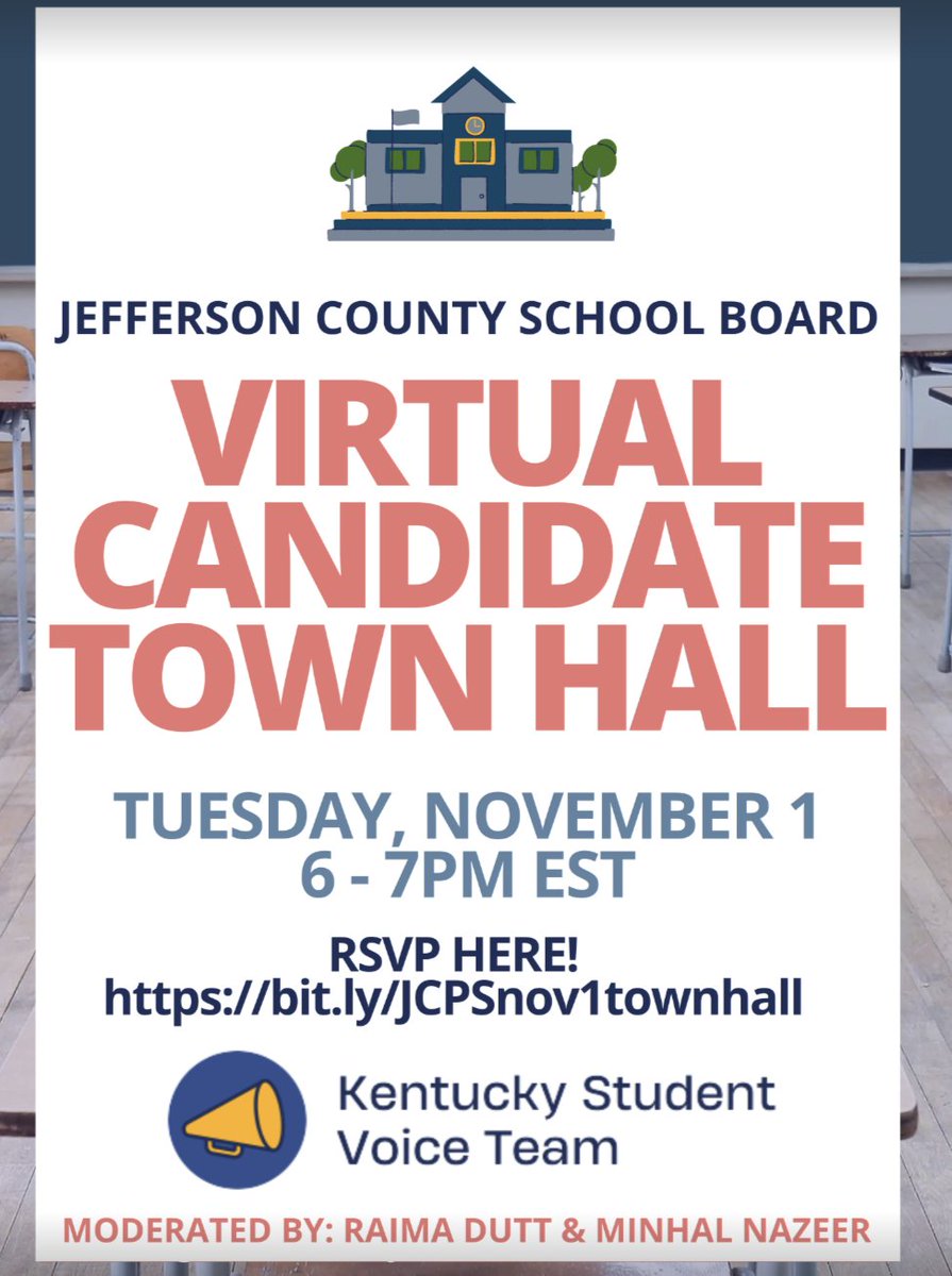 🚨Calling all Jefferson County students &amp; other ed stakeholders! Join our team for a youth-led Virtual Town Hall for School Board Candidates November 1st @ 6 PM EST. Register today at bit.ly/JCPSnov1townha…!