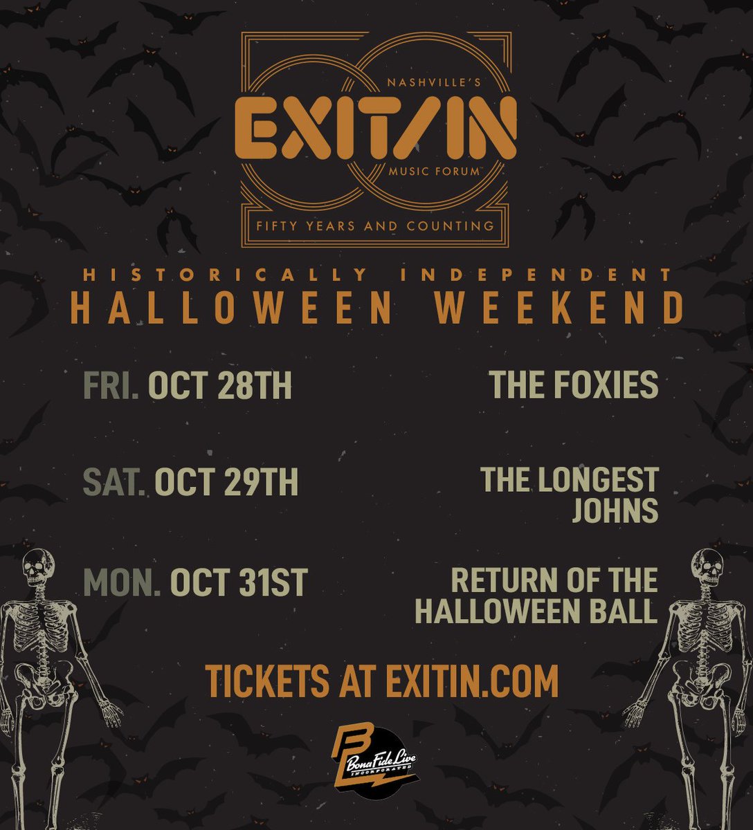 spend your halloween weekend with us at #exitin 🎃 tickets are going fast! get yours before its too late 💀 <a href="/TheFoxiesMusic/">THE FOXIES</a> <a href="/TheLongestJohns/">The Longest Johns</a> <a href="/EYEshows/">EYEProductions</a>