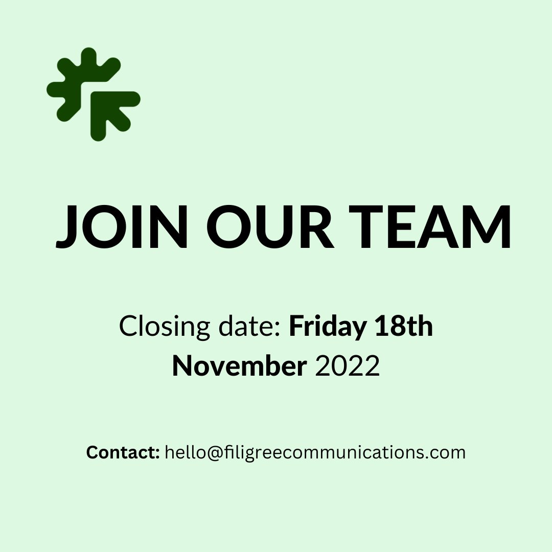 FiligreeComms's tweet photo. JOIN OUR TEAM. We are looking to recruit a full-time intern to join our team on a three-month fixed-term contract. Read the full job description below.  Closes Friday 18th November. https://t.co/JNFTsK8nIL https://t.co/sYMiTCf5ek