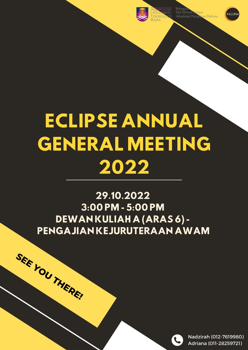 eclipseofeic's tweet photo. The details of the event are as follows:

Date: 29th October 2022, Saturday

Venue: Dewan Kuliah-A(Aras 6) Pengajian Kejuruteraan Awam

Time: 3:00PM - 5:00PM

Friendly reminder that your attire should be smart casual in accordance with UiTM’s sahsiah rupa diri 👩🏻‍💼🧑🏻‍💼📝 https://t.co/y46oFiZyHD