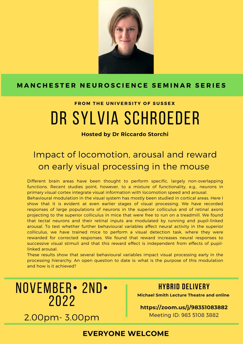 Division of Neuroscience (@dns_uom) on Twitter photo The next seminar in the Manchester Neuroscience Seminar Series is on Wednesday 2nd November at 2pm and is by <a href="/sylvia_schroed/">Sylvia Schröder</a> from University of Sussex, hosted by <a href="/RiccardoStorch1/">Riccardo Storchi</a>. More details below - all welcome! #neuroscience #uomneuroscience #neuroscienceseminar The next seminar in the Manchester Neuroscience Seminar Series is on Wednesday 2nd November at 2pm and is by <a href="/sylvia_schroed/">Sylvia Schröder</a> from University of Sussex, hosted by <a href="/RiccardoStorch1/">Riccardo Storchi</a>. More details below - all welcome! #neuroscience #uomneuroscience #neuroscienceseminar