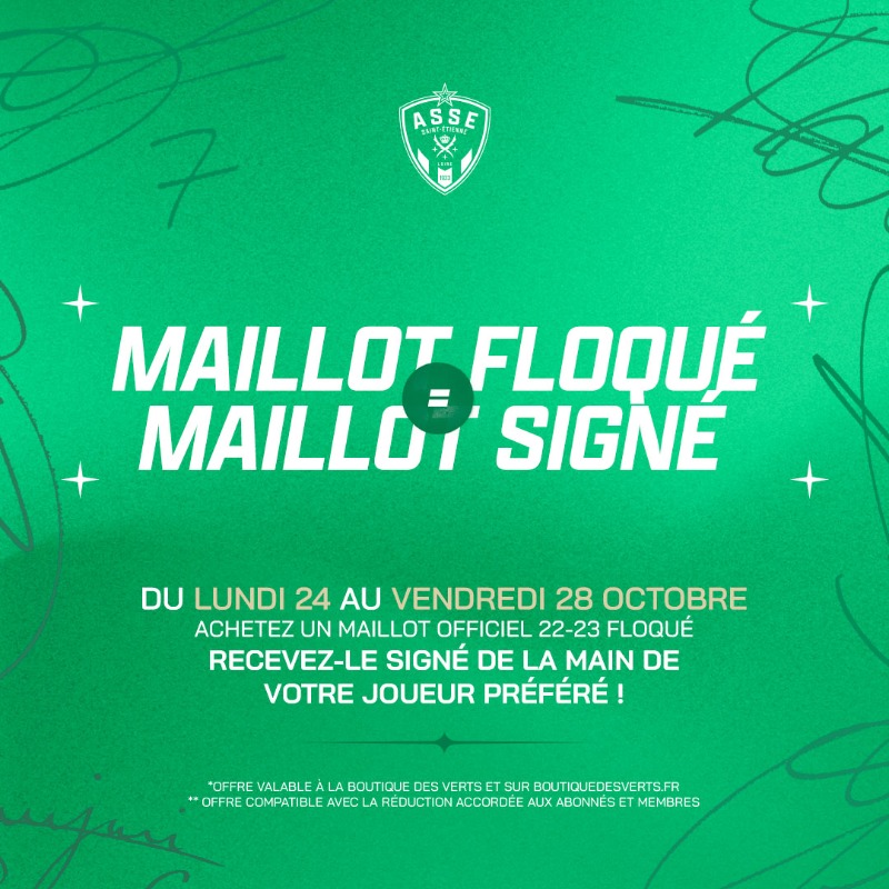 ASSEofficiel's tweet photo. 👕 Un maillot 𝐟𝐥𝐨𝐪𝐮𝐞́, un maillot 𝐬𝐢𝐠𝐧𝐞́... c'est jusqu'à vendredi !

Un maillot officiel 22-23, un flocage et le code "SIGNATURE" dans votre panier... Votre tunique sera signée de la main de votre joueur préféré 💚👇