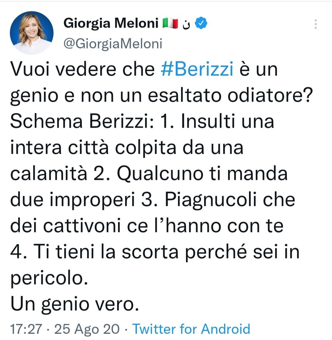 Questo è ciò che una Presidente del Consiglio scrive di un cronista messo sotto scorta dallo Stato per minacce di morte neonazifasciste (unico caso in Europa). La Presidente del Consiglio è Giorgia Meloni. Il cronista è il sottoscritto. 2019: ero sotto scorta da 7 mesi (1/3)