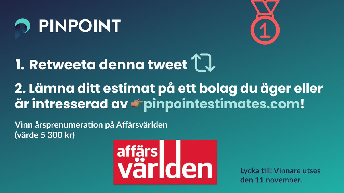 🎯TÄVLING!🎯

Vi vill att fler investerare ska testa Pinpoint och få gratis tillgång till estimatdata! 

Vinn en digital prenumeration på <a href="/AFV_magasin/">Affärsvärlden</a> genom att:

1. Retweeta denna tweet!
2. Lämna ditt estimat på ett bolag du äger eller är intresserad av 👇pinpointestimates.com/companies