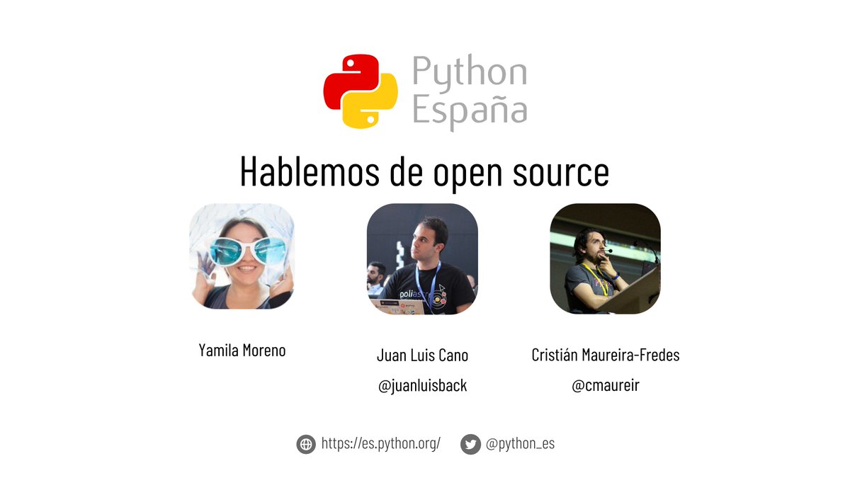 python_es's tweet image. Hablaremos de Open Source, hoy a las 19:30 horas 
en el meetup online de Python España. 

Contaremos con Yamila, JuanLu (@juanluisback ) y Cristián (@cmaureir)  quienes nos comparten sus experiencias participando en diversos proyectos

meetup.com/es-ES/python-e…