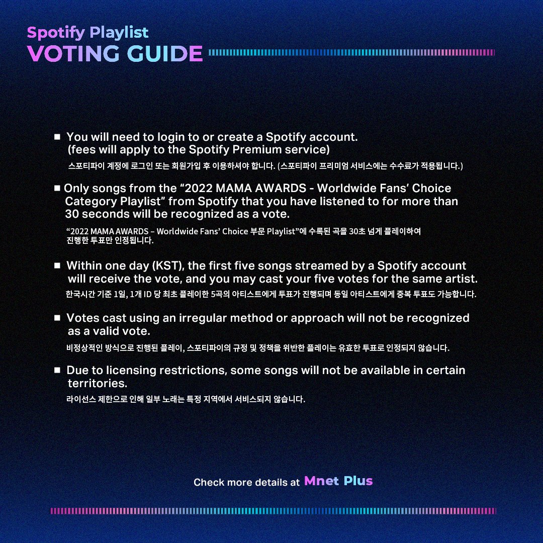• Spotify Playlist Voting Guide:

→ Listen to Pink Venom 5x per day: (open.spotify.com/playlist/37i9d…)

→ Listen longer than 30 seconds for your votes to be counted.

VOTE BLACKPINKonMAMA 
#MAMAVOTE #blackpink