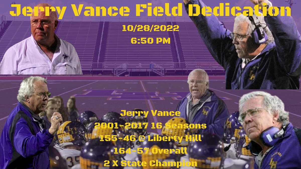🚨🏈Game Day‼️🚨
This Friday we rename the field @ Panther Stadium after Jerry Vance.  Show up early, wear purple &amp; pack the stands.  
🤟🆚🐻
🏟️ Jerry Vance Field @ Panther Stadium
🕖7:00 PM
📅10/28/2022
#ALLIN 
<a href="/LHIndependent/">The Liberty Hill Independent</a> <a href="/FlxAtx/">FLX ATX</a> <a href="/statesman/">Austin Statesman</a> <a href="/ThomasJonesAAS/">Thomas Jones</a>  <a href="/ShawnC_ATX/">Shawn Clynch</a>