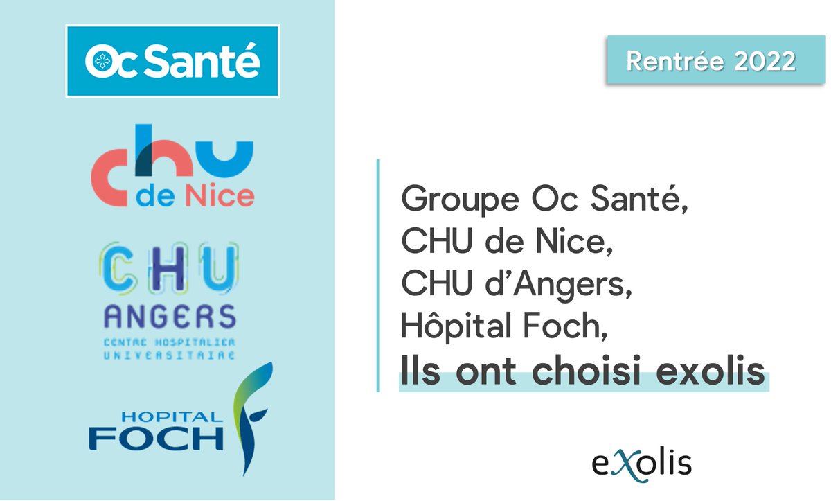 Aux vacances, on fait le bilan de la rentrée 🎒
4 établissements et groupes d’établissements ont rejoint <a href="/exolisFR/">exolis</a>  dans l’aventure #portailpatient : @OC_Sante , <a href="/chu_angers/">CHU Angers</a> , <a href="/CHUdeNice/">CHU de Nice</a> et <a href="/HopitalFoch/">Hôpital Foch</a>. 
Merci de nous faire confiance pour vos projets de #esante