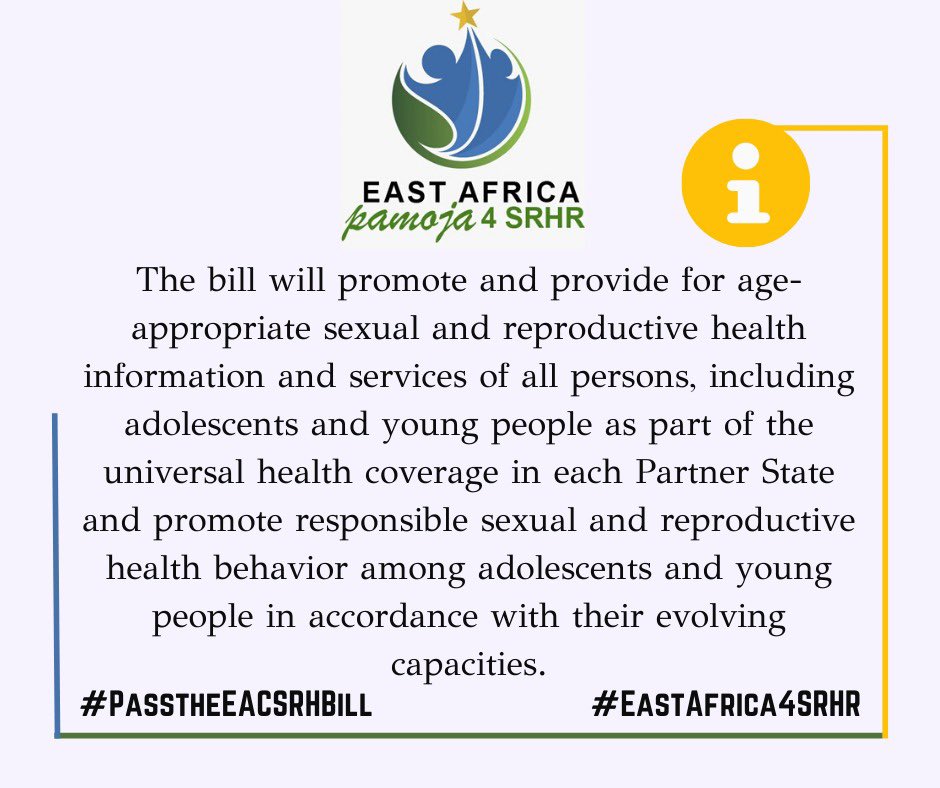 Zamara_fdn's tweet photo. The EAC SRHR Bill guarantees every Partner State shall provide and include in the curriculum scientifically based age, gender and culturally appropriate sexuality education for the health and wellbeing of adolescents and young people.

#SupportTheEACSRHBill
#ZamaraVoices https://t.co/Prmyl2lnwJ
