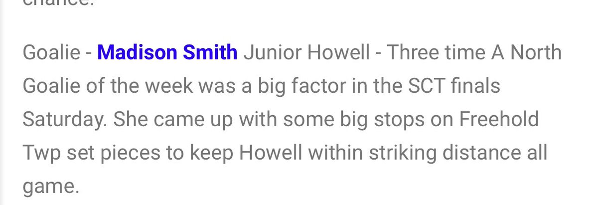 Congratulations to our <a href="/maddy02425496/">Maddy Smith</a> - Goalie of the week for her standout performance in the SCT finals!! 🥅💙⚽️ <a href="/BravermanHHS/">Jeremy Braverman-Howell HS Principal</a> <a href="/HHSRebelSports/">Meehan</a> <a href="/HowellRebellion/">Rebellion</a>