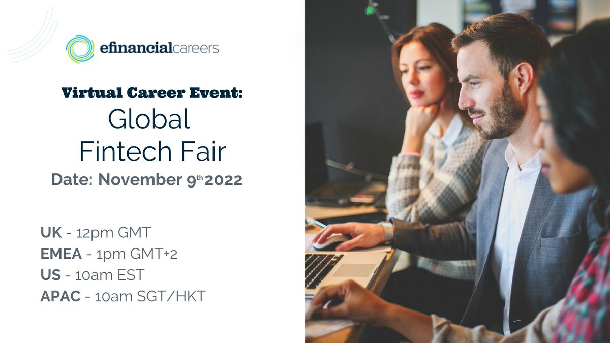 If you are a business professional or technologist seeking a career move in fintech sector, be sure to join the upcoming eFinancialCareers Global FinTech Fair. 

Register now: hubs.li/Q01qt3wV0

#vFairs #efinancialcareers #VirtualCareerFair #FinTech #Careers #Hiring