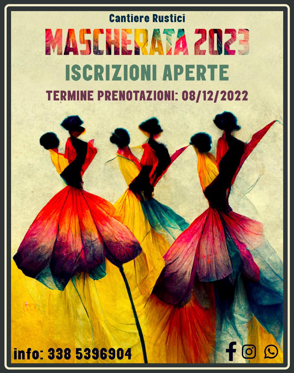 cantiererustici's tweet photo. Mamma Mia here we go again! 🤪🤟🏼 
Sì, ci siamo di nuovo: ISCRIZIONI alla mascherata 2023 ufficialmente APERTE! 
Hai tempo fino all'8 Dicembre per scrivere al numero che vedi sulla locandina e farne parte anche te!
Ti aspettiamo! 🚀 https://t.co/S9UlH29jSV