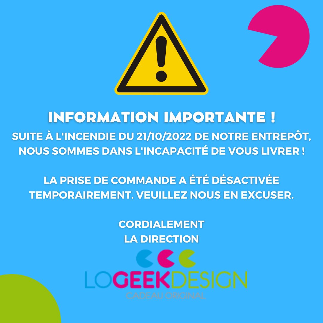 Logeekdesign's tweet image. Le vendredi 21/10, notre entrepôt de 6000 m² a entièrement été détruit par un incendie.
Nous mettons tout en œuvre afin de reconstruire ce que nous avons perdu.
Toute notre équipe compte sur votre soutien !
L&apos;équipe LogeekDesign