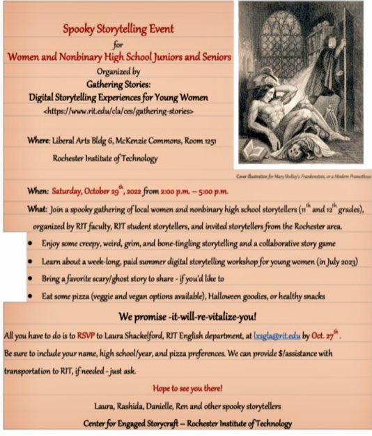 RITK12UC's tweet image. Register by Thursday for the #SpookyStorytelling event hosted by the Center for Engaged Storycraft at Rochester Institute of Technology. The event is for 11th- and 12th-grade women and non-binary students from the Greater Rochester area. rit.edu/k12/news/spook…