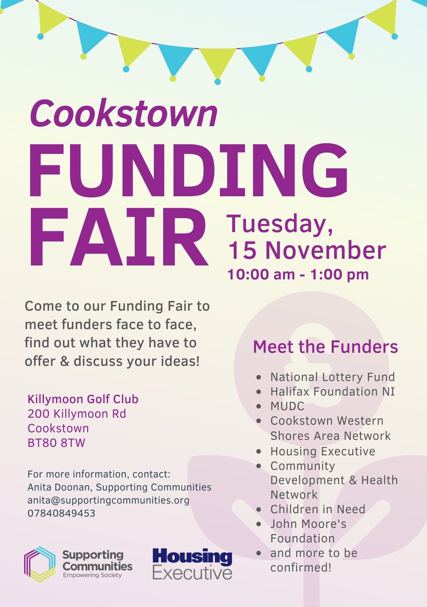 Cookstown, you’re up next for our #FundingFair! We’re coming on 15 Nov with lots of funders for you to meet face-to-face. Come along to discuss your community group’s projects and learn what the right funder can do for you! #fundingsupport More info: supportingcommunities.org/latest-events/…