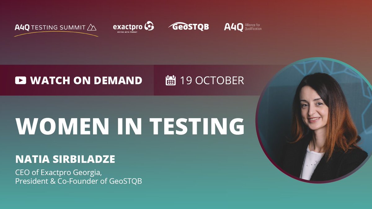 exactpro's tweet photo. Natia Sirbiladze, CEO of @exactpro Georgia, President &amp; Co-Founder of GeoSTQB, took part in the #WomenInTesting online session of the #A4Q Testing Summit last week. Watch on demand: https://t.co/JZFiX2FtNB 
#SoftwareTesting #WomenInTech https://t.co/kDwfROgrC7