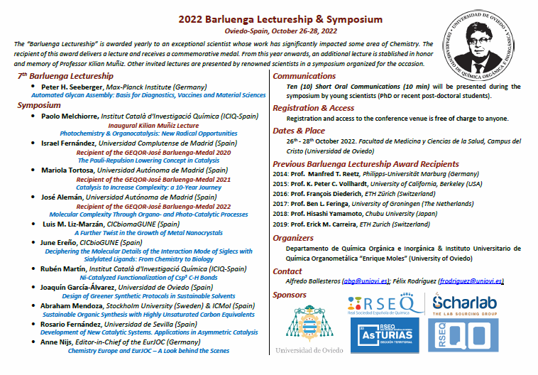 En el contexto de la Barluenga Lectureship se organiza un simposio que tendrá lugar del 26 al 28 de octubre. El evento está abierto a todas las personas interesadas. barluengalecture.org/03barluenga.htm