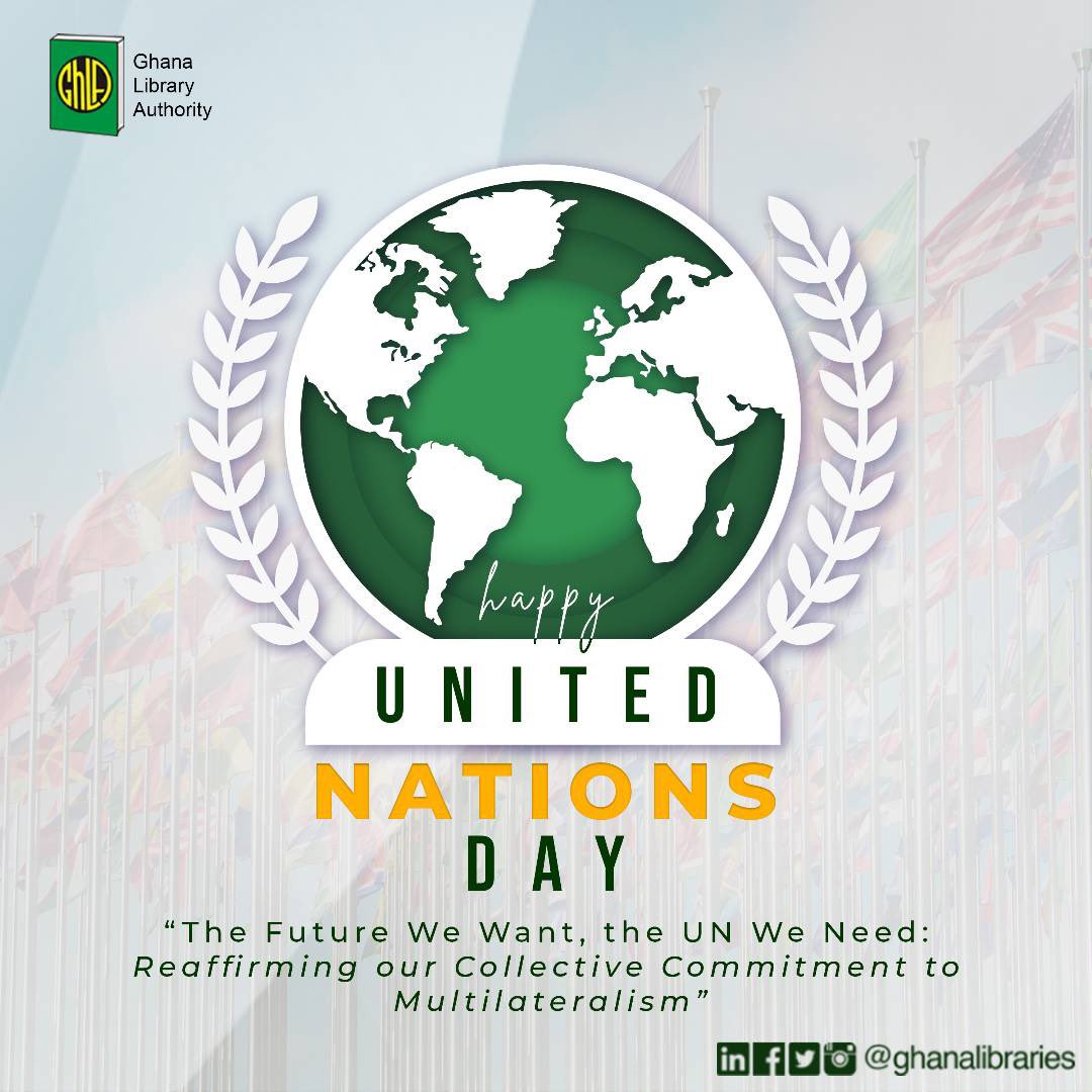 ghanalibraries's tweet photo. We wish all patrons and stakeholders of the Ghana Library Authority a happy United Nations Day.
#2022YearofBooks
#UNPSAWinner
#LBFLibraryoftheyear https://t.co/gN5Nbq7vfz
